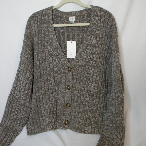 a new day Sweaters - A New Day Sweater Brown White 4 Button Cable Cardigan Chunky Coastal Size XXL